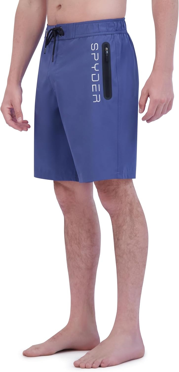 imageSpyder Mens Swim Trunks Stretch QuickDry 9 Board Shorts Sun Protection Pockets amp Brief LinerBlue Grey